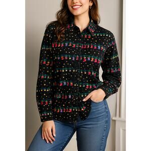 Karen Scott Vintage Holiday Shirt Women Large Black Cotton Stars Stockings Gifts